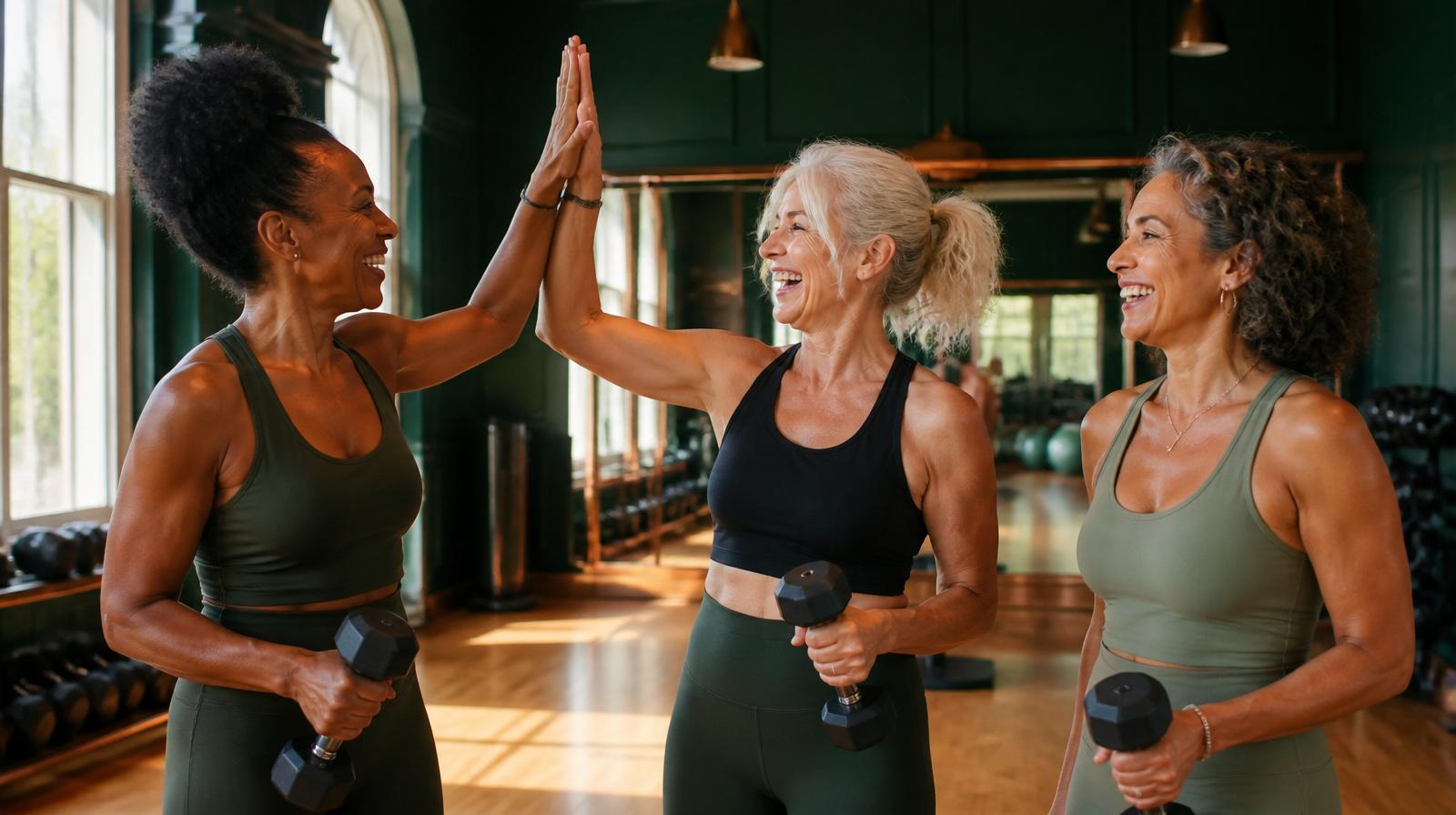 Three women in their 50s and 60s laughing and high-fiving — your Bloom