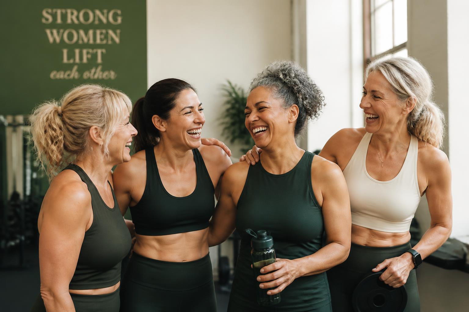 Group of women laughing together after a strength training session